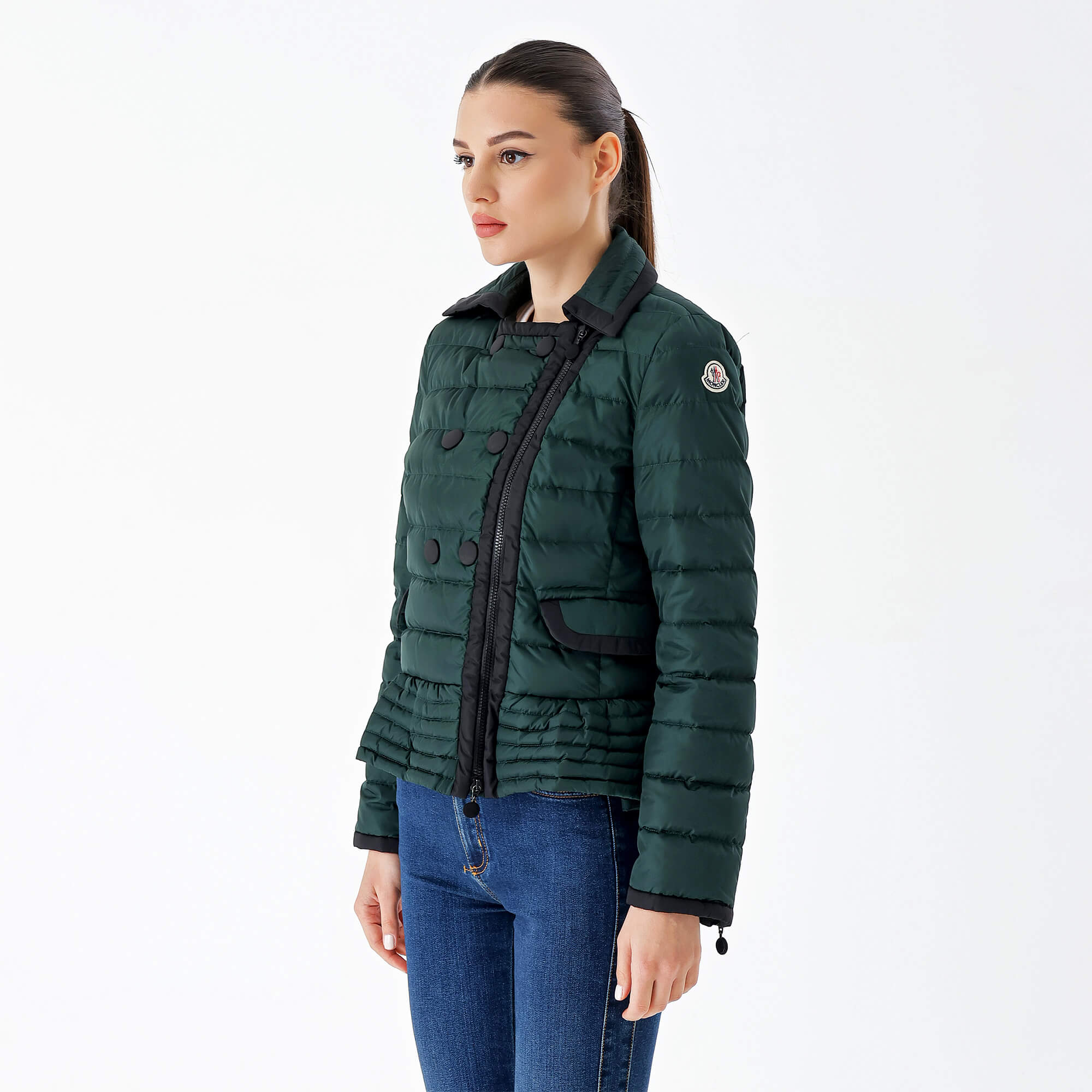 Moncler-Green and Black Button Puffer Coat